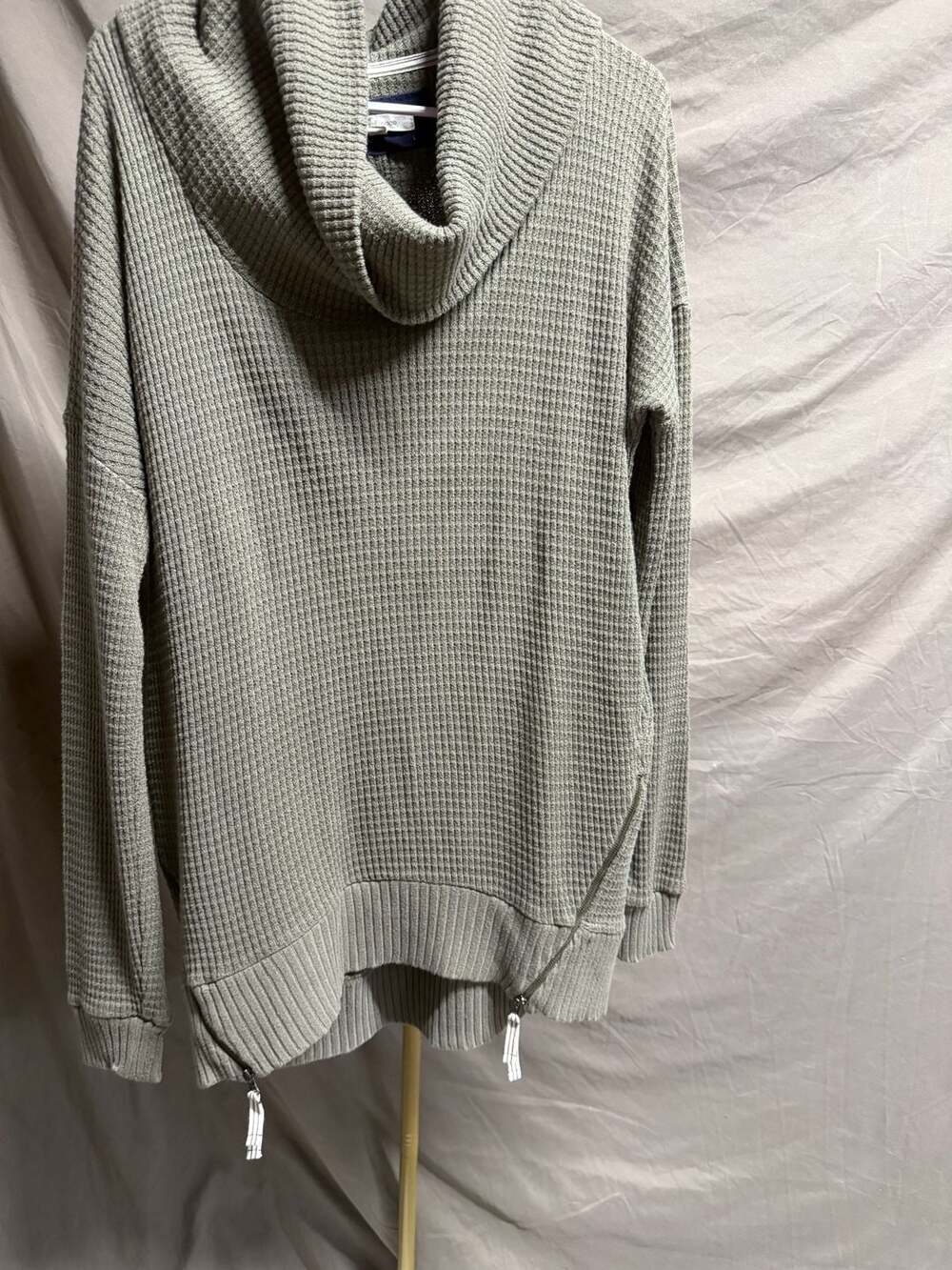 Pure Good Olive Green Waffle Knit Cowl Neck Sweater with Side Zip Detail